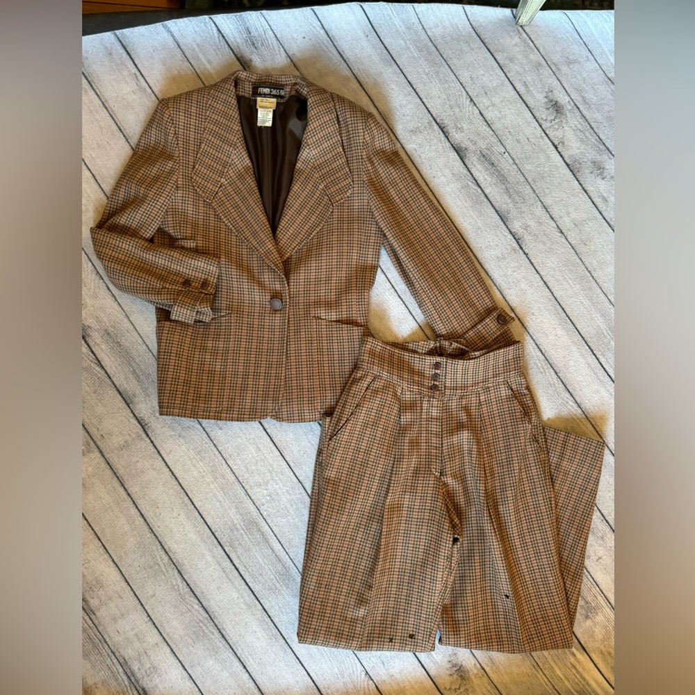 Vintage Fendi Women’s Suit, Brown, Sz 44, Houndstooth, Jacket and Pants, Vintage